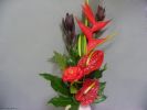 Heliconia, anthurium rouge, rose orange, feuillage : pandanus et aralia